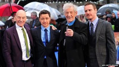 Patrick Stewart (L) James McAvoy (2nd L), Ian McKellen (3rd L) and Michael Fassbender(R)