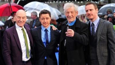 Patrick Stewart (L) James McAvoy (2nd L), Ian McKellen (3rd L) and Michael Fassbender(R)