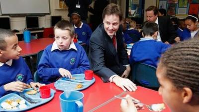 Nick Clegg in a school dining hall