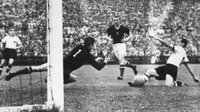 Max Morlock scores for West Germany against Hungary in the 1954 World Cup final