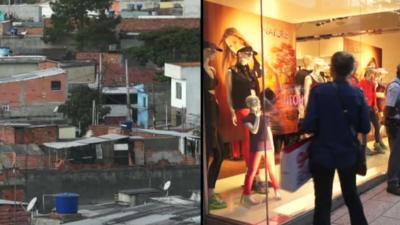 Favela (left), high-end shop (right) in Sao Paulo, Brazil