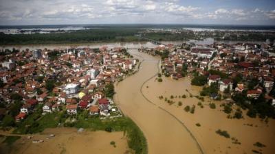 An aerial view of the flooded city of Brcko,