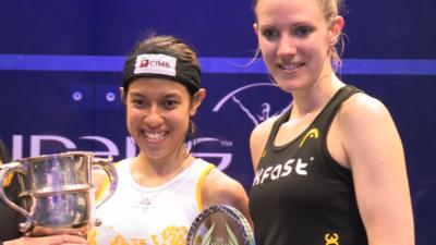 Malaysia's Nicol David and England's Laura Massaro after the British Open Squash Championship's women's final