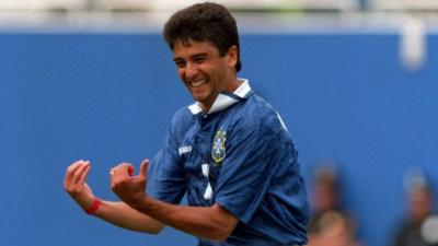 Brazil's Bebeto celebrates scoring against the Netherlands at the 1994 World Cup