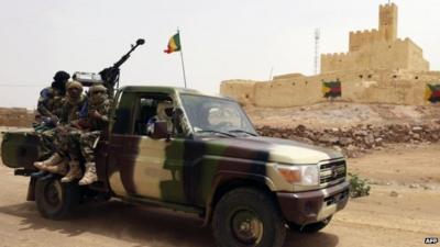 Malian soldiers patrolling in Kidal, July 29, 2013