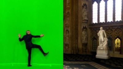 Jeremy Vine demonstrates how a green TV backdrop can vanish and reveal a virtual House of Commons