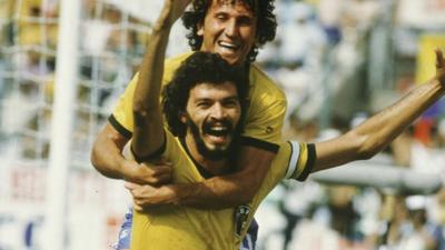 Zico and Socrates celebrate Brazil scoring against Italy at World Cup 1982.