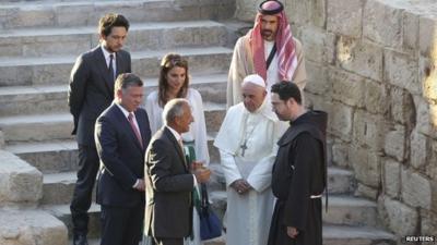 Pope Francis and members of the Jordanian Royal Family visit the site at Jordan River where Jesus is believed to have been baptized
