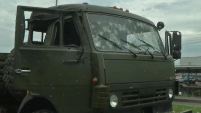 Bullet-riddled military vehicle