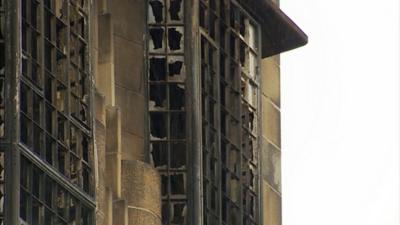 Blackened windows at the Glasgow School of Art