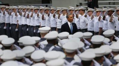 U.S. President Barack Obama enters the stadium at West Point to give the commencement address at the graduation ceremony at the U.S. Military Academy on May 28, 2014 in West Point, New York