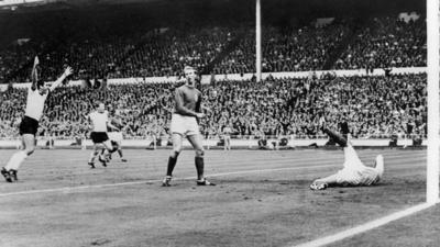 Helmut Haller scores to give Germany a 1-0 lead in to the 1966 World Cup final at Wembley.