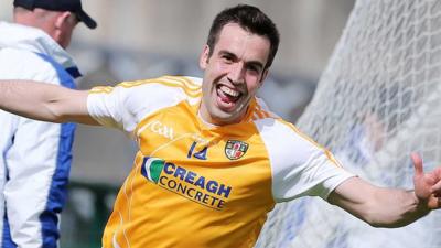 Kevin Niblock celebrates after scoring against Fermanagh