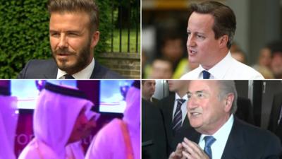 Top left David Beckham, top right David Cameron, bottom left Ali Shareef Al-Emadi, bottom right Sepp Blatter