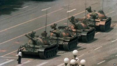 A Chinese man blocks a line of tanks on Beijing's Changan Blvd, 5 June 1989