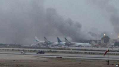 Smoke billows from Karachi airport (9 June 2014)