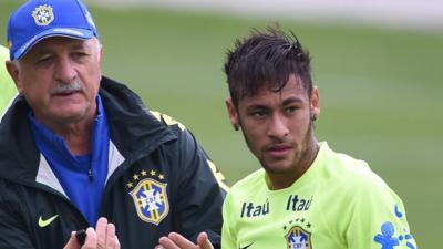 Brazil coach Luiz Felipe Scolari and forward Neymar in training