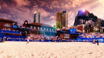 A scene from Copacabana beach superimposed on Andy Murray playing at Queen's