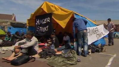 Migrants in Calais on hunger strike