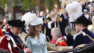 Prince Charles, Prince of Wales, Catherine, Duchess of Cambridge and Prince William, Duke of Cambridge leave by carriage after attending the Most Noble Order of the Garter Ceremony on June 16, 2014 in Windsor, England