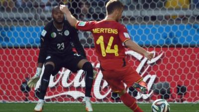 Dries Mertens strikes late as Belgium come from a goal down to beat Algeria 2-1 in their 2014 World Cup Group H clash in Belo Horizonte