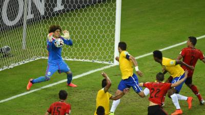 Mexico goalkeeper Guillermo Ochoa denies Brazil.