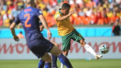 Australia's Tim Cahill celebrates after volleying home a spectacular equaliser