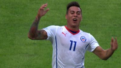 Chile's Eduardo Vargas celebrates scoring against Spain