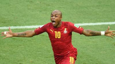 Ghana's Andre Ayew scores an equaliser against Germany