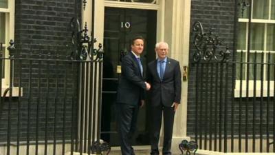 David Cameron and Herman Van Rompuy shake hands on the doorstep of Number 10.