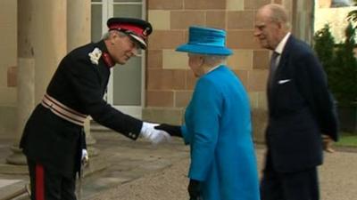 Queen and Prince Philip being greeted at Hillsborough Castle