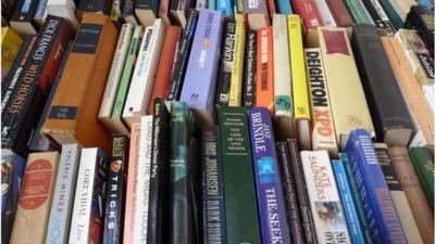 A stack of books in a library