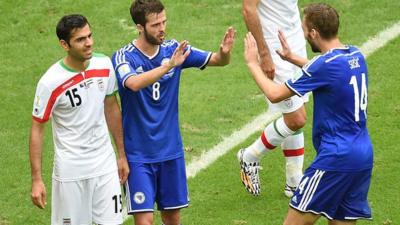 Bosnia's Miralem Pjanic celebrates scoring with team-mate Tino Sven Susic