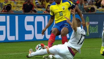 Ecuador captain Antonio Valencia sees red for a two-footed lunge on France's Lucas Digne during their final Group E game in Rio de Janeiro.