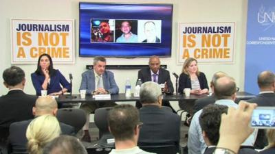 The panel at the meeting of journalists and diplomats called by UNCA at the United Nations