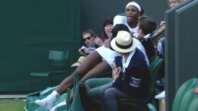 Serena Williams falls into a spectator's lap at Wimbledon during a doubles' match on day three