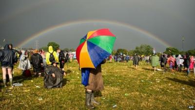 Rainbow appears over Glastonbury Festival site