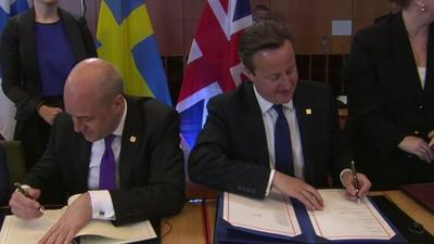 British prime minister David Cameron (r) in Brussels after EU vote