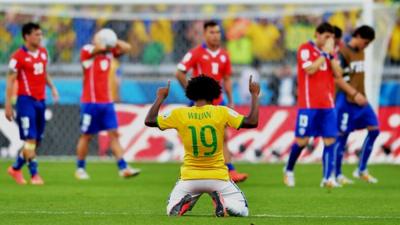 Penalty shoot-out between Brazil and Chile in their 2014 World Cup round 16 match