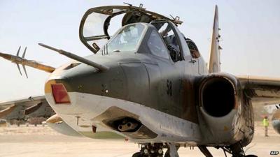 A Sukhoi Su-25 fighter jet recently delivered by Russia sitting at an army base in the capital Baghdad