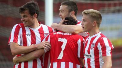 Derry City celebrate their 4-0 win over Welsh club Aberystwyth Town