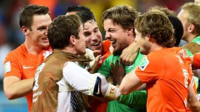 The Netherlands celebrate progressing to the World Cup semi-finals