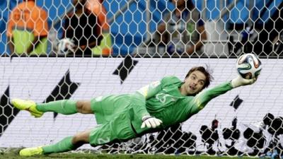 Tim Krul makes a save in penalty shootout