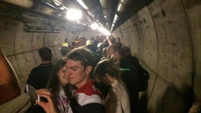 Evacuated Eurotunnel passengers in the tunnel