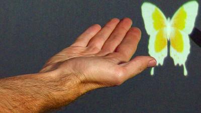 A hand next to a virtual butterfly