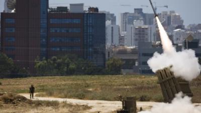 An Iron Dome launcher fires an interceptor rocket in the southern Israeli city of Ashdod