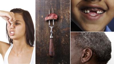 A composite image showing a woman holding her nose, meat on a fork, teeth with gaps and a man with grey hair