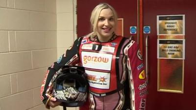 BBC Sport Wales reporter Victoria Turner tests the Speedway British Grand Prix track