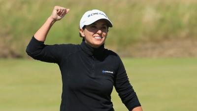 Mo Martin celebrates her eagle on the 18th at Royal Birkdale