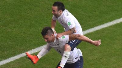 Mathieu Valbuena celebrates after scoring for France against Switzerland